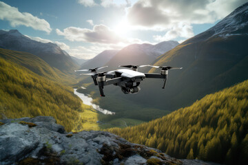 Fototapeta na wymiar Drone Aerial Photography: Capturing the Majestic Beauty of a High-Flying Camera Equipment in a Serene Mountain Landscape at Sunset