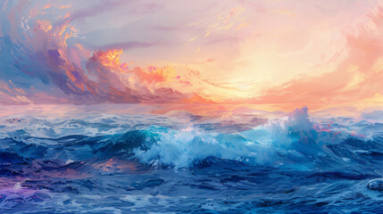 Colorful sky and ocean wave abstract background. Oil painting style.