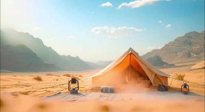 tent near mountain in desert footage