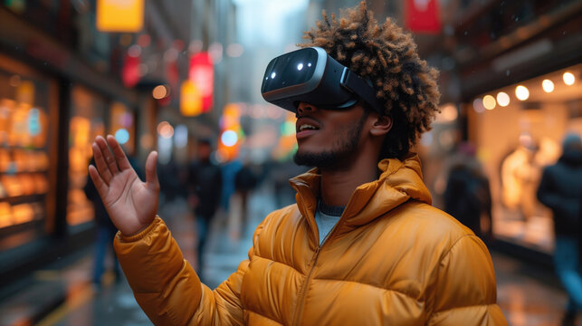 Young man wearing vr glasses enjoys his trip in an adventurous world in a city center. Concept of connection technology with nature,science, augmented future, generative ai