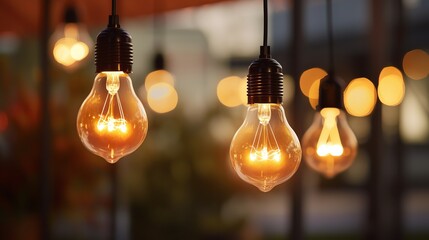 Close-up of Hanging Modern LED Light Bulbs with Filament

