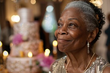 An opulent birthday party for an elderly black woman, adorned with luxurious details and sumptuous delights, depicted in a close-up frame highlighting the joyful attitude of the guest of honor