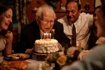 An intimate moment captured as an elderly gentleman blows out the candles on his birthday cake, surrounded by the laughter and cheers of his loved ones gathered around him