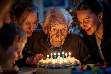 Intimate moment captured as an elderly gentleman blows out the candles on his birthday cake, surrounded by the laughter and cheers of his loved ones gathered around him