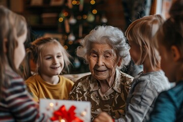 Obraz premium An elderly woman receiving a surprise visit from her grandchildren on her birthday, their excited faces lighting up the room as they present her with handmade cards and gifts from the heart
