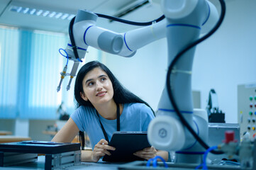 Female Robotics engineer working with Programming and Manipulating Robot Hand, Industrial Robotics Design, High Tech Facility, Modern Machine Learning. Mass Production Automatics.