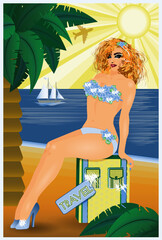 Pinap girl on the beach, invitation card, vector illustration