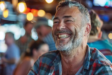 An adult man with an enthusiastic smile, participating in a fun-filled onboard activity such as trivia night, karaoke, or dance lessons - obrazy, fototapety, plakaty