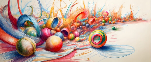 Vibrant art piece depicting marbles and waves interacting with dynamic lines and splashes of colors
