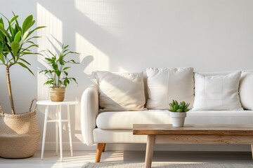 Modern living room interior with white sofa, wooden coffee table and natural plants - obrazy, fototapety, plakaty