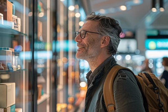 An adult man with an excited smile, exploring the duty-free shops and luxury boutiques in the airport concourse, captivated by the array of high-end goods and exclusive merchandise