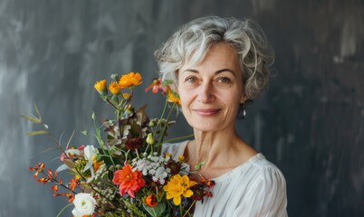 Mature woman with bouquet of spring flowers against grey background. Happy Mother's Day. AI Generated
