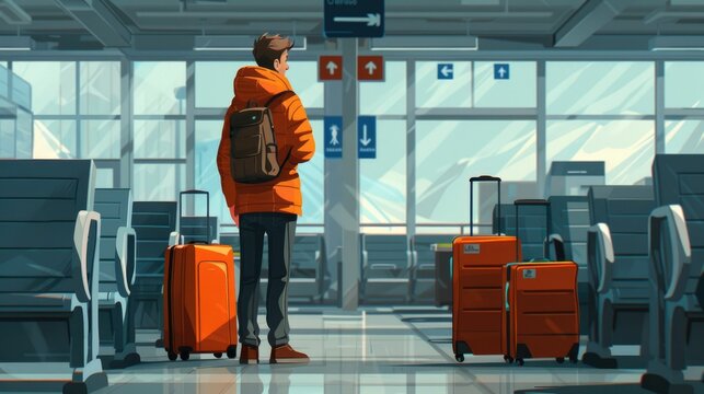 A solo traveler stands in the airport terminal with orange luggage, searching for the boarding gate in a brightly lit space.
