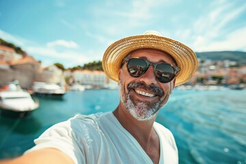 Adult man with a radiant grin, capturing a selfie with iconic landmarks in the background during a shore excursion on his cruise vacation