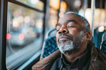 Black man with a peaceful expression, closing his eyes and taking a deep breath as he enjoys a moment of tranquility on the bus, letting go of stress and tension as he embraces the journey ahead