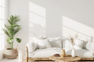 Modern living room interior with white sofa, wooden coffee table and natural plants
