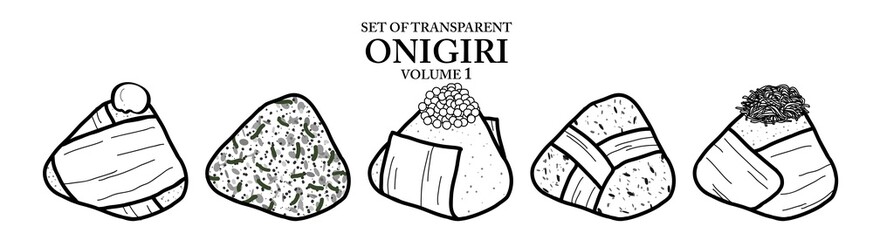 A series of Onigiri in cute hand drawn style. Set of 5 rice balls in black outline and white plain on transparent background. Food elements for coloring book, menu or recipe design. Volume 1.