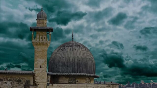 Masjid Al Aqsa or Al Aqsa Mosque Moving Dark Clouds Time Lapse