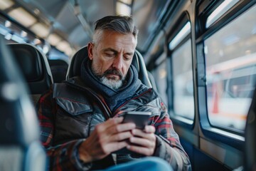 An adult man with a focused gaze, reviewing his travel itinerary or checking messages on his phone as he rides the bus to his vacation destination