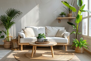 Modern living room interior with white sofa, wooden coffee table and natural plants
