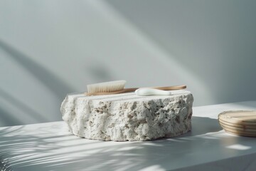 Natural pumice stone display podium with soft brushes and wooden textures. A serene composition ideal for spa and wellness product presentations - obrazy, fototapety, plakaty