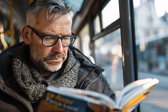 An adult man with a focused expression reading a book or magazine on the bus, immersing himself in a story and passing the time with anticipation for his vacation destination