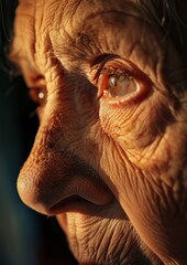 Sunlit tales etched in time: Elderly wisdom in a poignant close-up of resilience