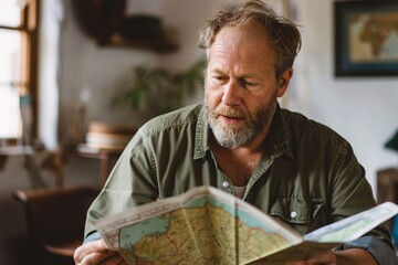 An adult man with a curious expression, reading a guidebook or map as he plans out his itinerary for the vacation ahead, eager to make the most of his time exploring new destinations