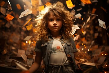 Child amidst swirling papers and lights - obrazy, fototapety, plakaty
