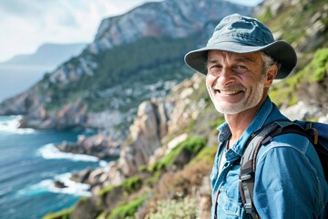 Adult man with a contented smile, enjoying a scenic hike through rugged coastal cliffs, the...