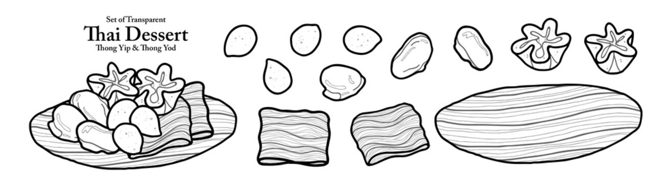 A series of isolated Thai desserts in cute hand drawn style. Thong yip, Thong yod, Foi Thong and Med Kanoon in black outline on transparent background for coloring book or menu design.