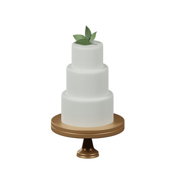 White wedding cake decorated with green leaves 3d render on transparent background