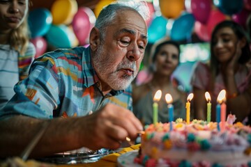 An adult man blowing out candles on a birthday cake during a surprise party thrown by his loved ones, with colorful decorations adorning the room and joyful expressions all around