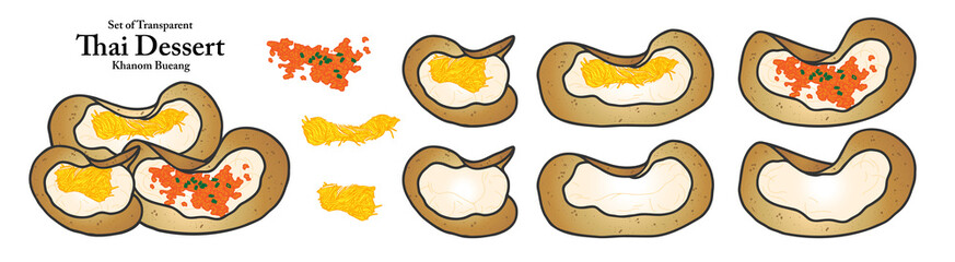 A series of isolated Thai desserts in cute hand drawn style. Thai crepes in vivid colors on transparent background for coloring book or menu design.