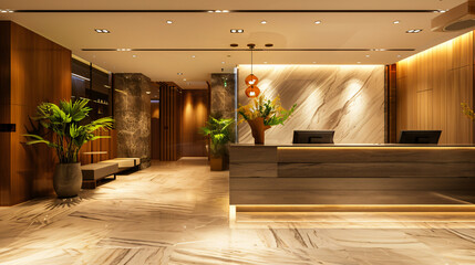 Interior of luxury hotel lobby with reception desk and relax zone for guest, modern style concept - obrazy, fototapety, plakaty