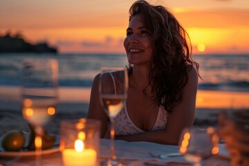 Woman with an infectious smile, enjoying a romantic beach picnic at sunset, the flickering candlelight and the gentle lapping of the waves creating a magical ambiance