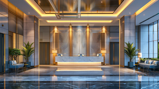 Interior of luxury hotel lobby with reception desk and relax zone for guest, modern style concept