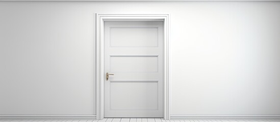 A minimalist room featuring a white door with a wooden handle, along with a white wall. The room is located in a modern building with tinted windows