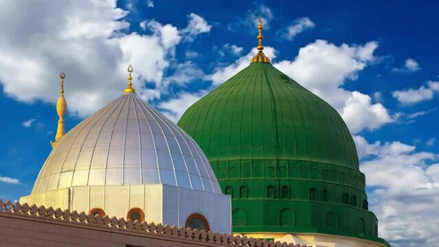 Medina Mosque of the Prophet or Masjid Nabawi Moving Clouds Time Lapse. Madinah, Saudi Arabia. Islamic Holy Site