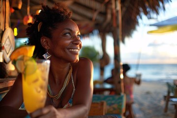 A black woman with a joyful expression, sipping a tropical cocktail at a beachfront cafe, the taste of exotic fruits and the sound of steel drums transporting her to a state of tropical bliss - obrazy, fototapety, plakaty