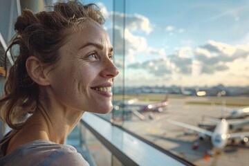 A woman with a joyful expression, admiring the view of airplanes taking off and landing from the airport observation deck, feeling a sense of wanderlust - obrazy, fototapety, plakaty