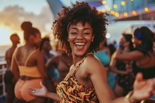 A black woman with a joyful expression, participating in a high-energy dance party on the deck of a cruise ship, as she moves to the rhythm of live music