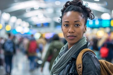 Black woman with a determined expression, navigating the airport terminal with ease and efficiency, her organized approach and sense of purpose guiding her through the bustling crowds