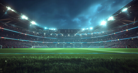 football stadium at night, illuminated by bright lights and spotlights