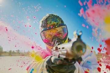 Teenage boy celebrating his birthday with a paintball battle against his friends, the colorful splatters of paint adding an extra element of excitement to the day's festivities