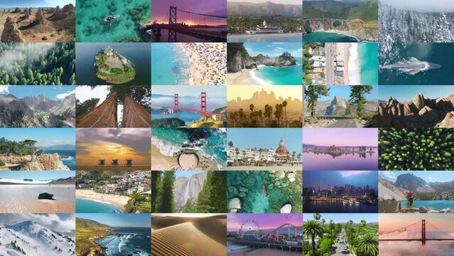 Travel collage California landmarks. Aerial San Francisco, Los Angeles, San Diego cities. Beautiful Nature of Yosemite Sequoia parks, Taho Mono lakes, Malibu Santa Monica beaches. USA travel concept