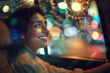 Smiling indian woman sitting comfortably in a taxi, her face reflecting excitement and anticipation as she heads off on a well-deserved vacation
