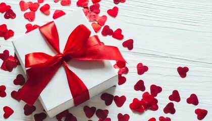 white gift box with red ribbon bow on white background with heart confetti christmas present valentine day surprise birthday concept flat lay top view present concept