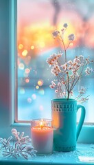 Winter holidays  cup of tea or coffee mug on table near window, cozy seasonal atmosphere