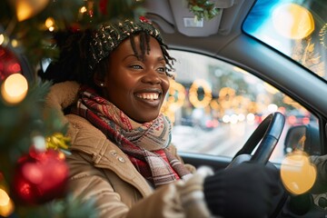 A smiling black woman driving a car, adorned with festive decorations, setting off for a holiday filled with joy and laughter - obrazy, fototapety, plakaty